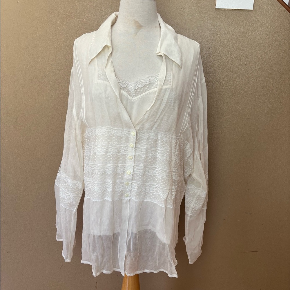 New David Dart Sheer Silk Lace Blouse & Cami Set 3X ~ Two Tops ~ Ivory